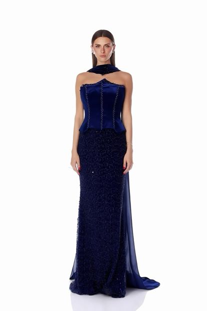 Dunkelblaues Satin Bustier Top Pailletten Meerjungfrau Abend Set
